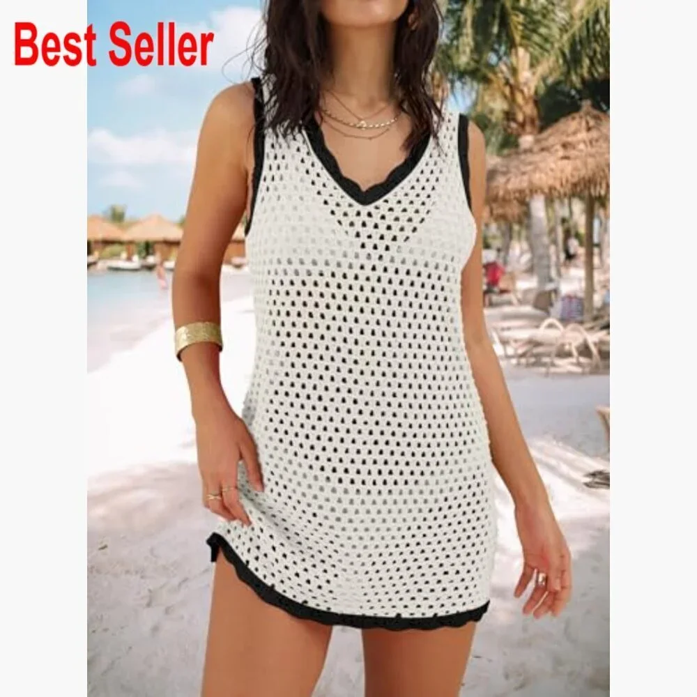 V-Neck Crochet Backless Swimsuit Cover Up Dress 100% Acrylic